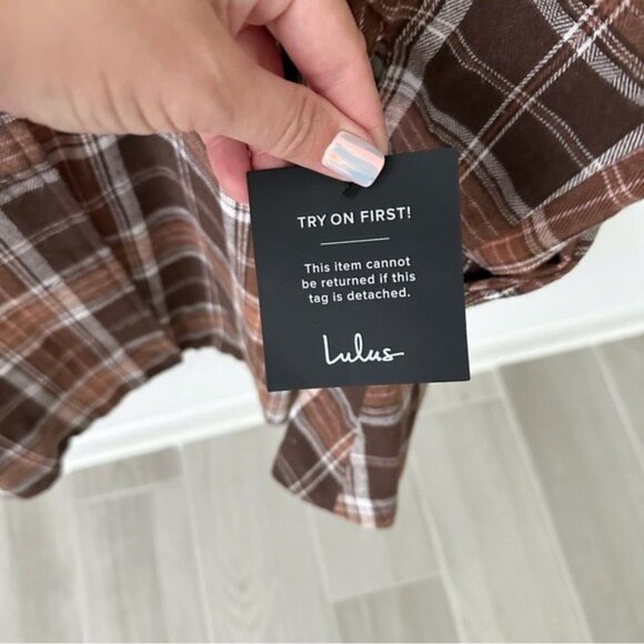 Lulus Autumnal Attitude Brown Plaid Skater Mini Dress Size XL - Picture 4 of 11